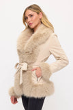 Beige Fur-Trimmed Wrap Coat