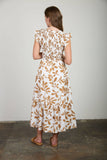 Brown Floral Leaf Print Smocked Midi Dress
