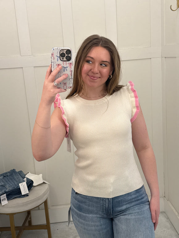 Pink Contrast Ruffle Sleeve Top