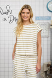 Olive Striped Round Neck Short Sleeve Top