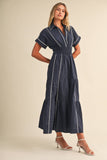 Navy Smocked Waist White Piping Midi