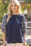 Navy & Ivory Embroidered Sleeve Top