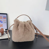 Brown Fuzzy Drawstring Bucket Bag