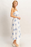 Blue & White Embroidered Leaf Print Dress