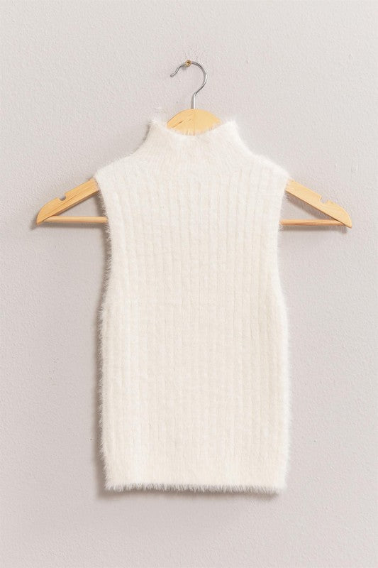 Cream Fuzzy High Neck Sleeveless Top