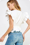 White Flutter Sleeve Peplum Poplin Top