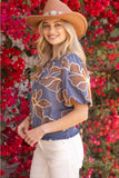 Blue & Tan Floral Embroidered Top