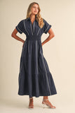 Navy Smocked Waist White Piping Midi