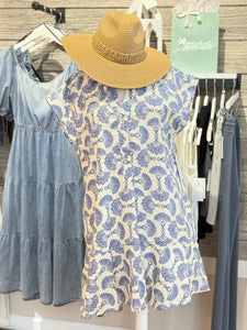 Blue Fan Print Collared Mini Dress