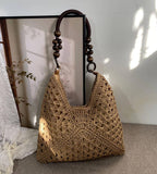 Brown Crochet Straw Tote Bag Bead Handle