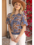 Blue & Tan Floral Embroidered Top