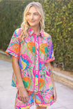 Neon Pink Piped Patterned Collared Top