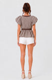Brown Gingham Bubble Sleeve Tie Top
