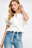 White Flutter Sleeve Peplum Poplin Top