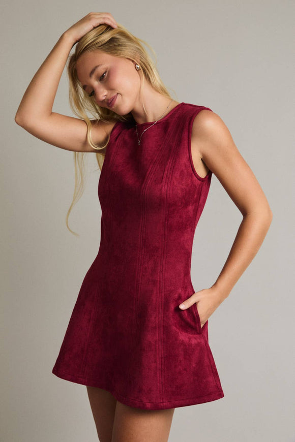 Burgundy Round Neck Sleeveless Suede Dress