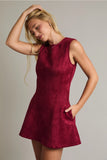 Burgundy Zipper Back Suede Sleeveless Dress