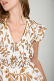 Brown Floral Leaf Print Smocked Midi Dress