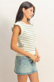 Sage Green Stripe Crochet Flutter Top