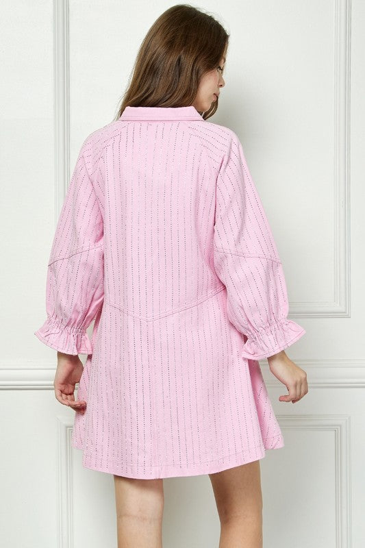 Pink Pinstripe Rhinestone Denim Dress