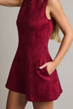 Burgundy Round Neck Sleeveless Suede Dress