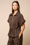 Brown Front Zipper Closure Collared Drawstring Top