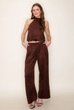 Brown Tie Stitch Detail Suede Pants
