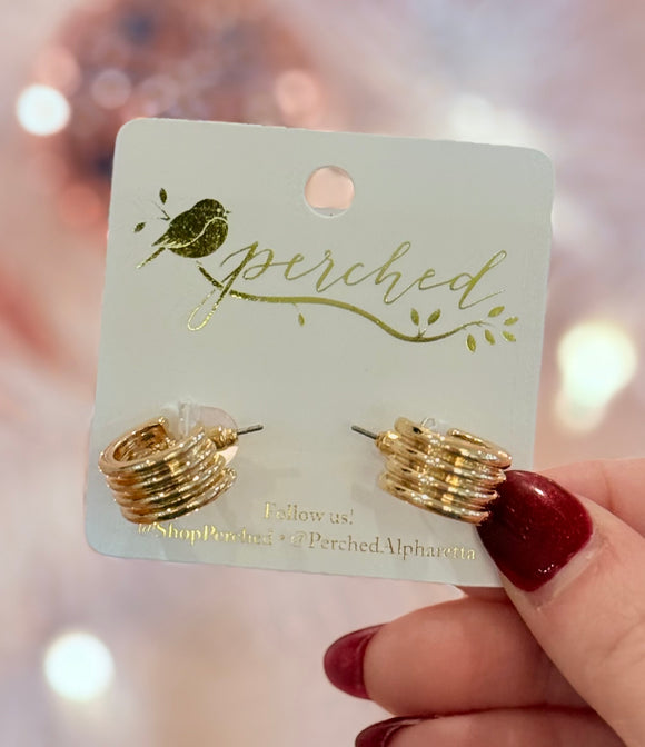 Gold Ribbed Mini Hoops