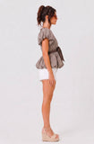 Brown Gingham Bubble Sleeve Tie Top