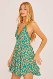 Green Pattern V-Neck Mini Dress