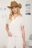 Taupe Striped Collared Short Sleeve Top