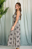 Black Floral Tile Print Sleeveless Midi Dress
