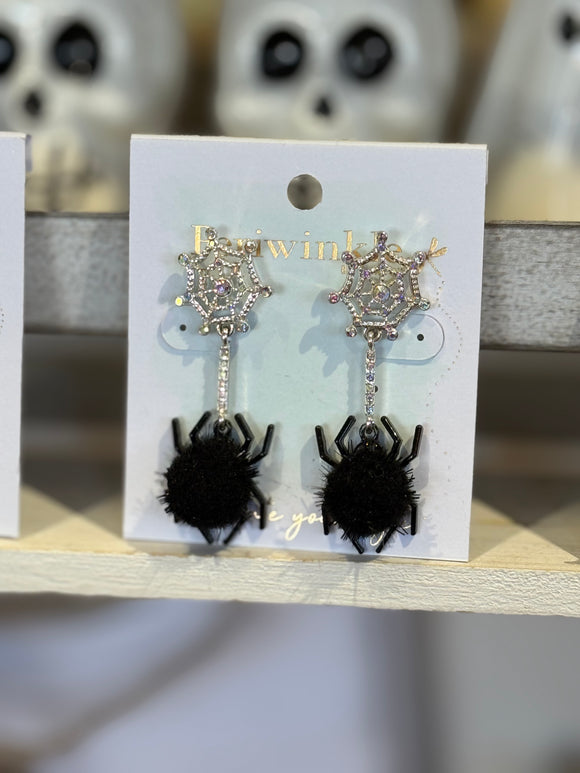 Earrings - Black Spider W/ Crystals