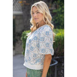 Blue & White Floral Contrast Hem Top