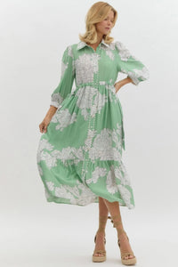 Mint Floral Scalloped Trim Button Dress