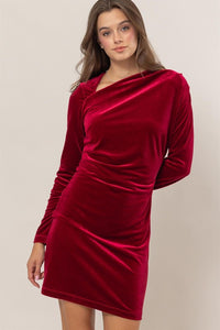 Red Velvet Asymmetrical Neck Mini Dress