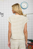 Olive Striped Round Neck Short Sleeve Top