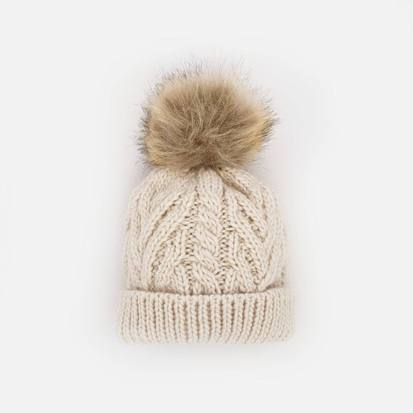 Natural Pop Pom Pom Beanie Hat 0-6 mo