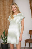 Khaki Textured Striped Short Sleeve Mini Dress