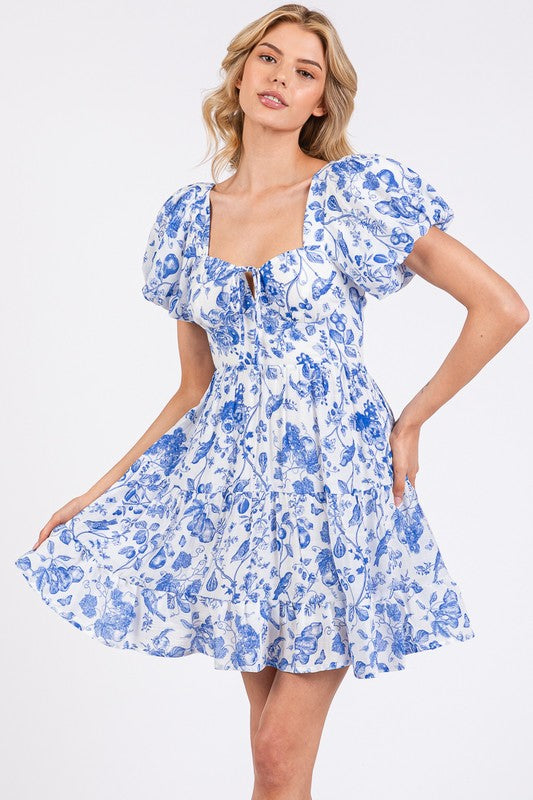 Blue & White Floral Strappy Back Dress