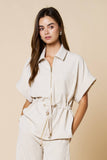 Cream Front Zipper Closure Collared Drawstring Top