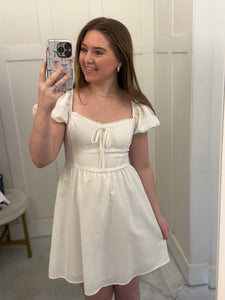 White Puff Sleeve Lace Trim Dress