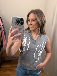 Grey Floral Embroidered Sweater Vest