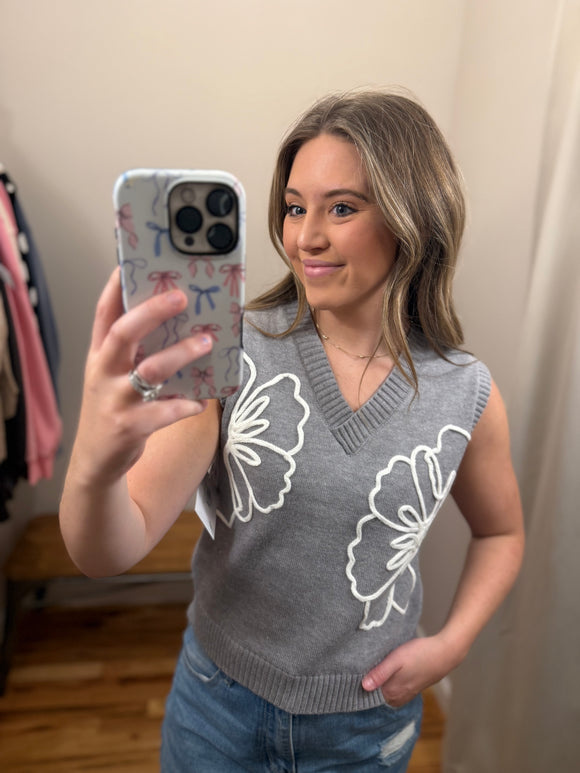 Grey Floral Embroidered Sweater Vest