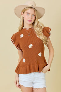 Rust Floral Embroidered Ruffle Top