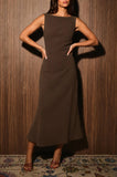 Brown Boat Neck Midi Dress