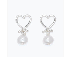 Silver Drawn Heart and Pearl Earrings