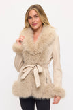 Beige Fur-Trimmed Wrap Coat