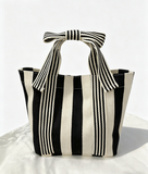 Mini Striped Tote Bag Beach Bow Handle Bag: Beige / M