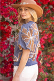 Blue & Tan Floral Embroidered Top