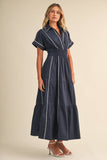 Navy Smocked Waist White Piping Midi